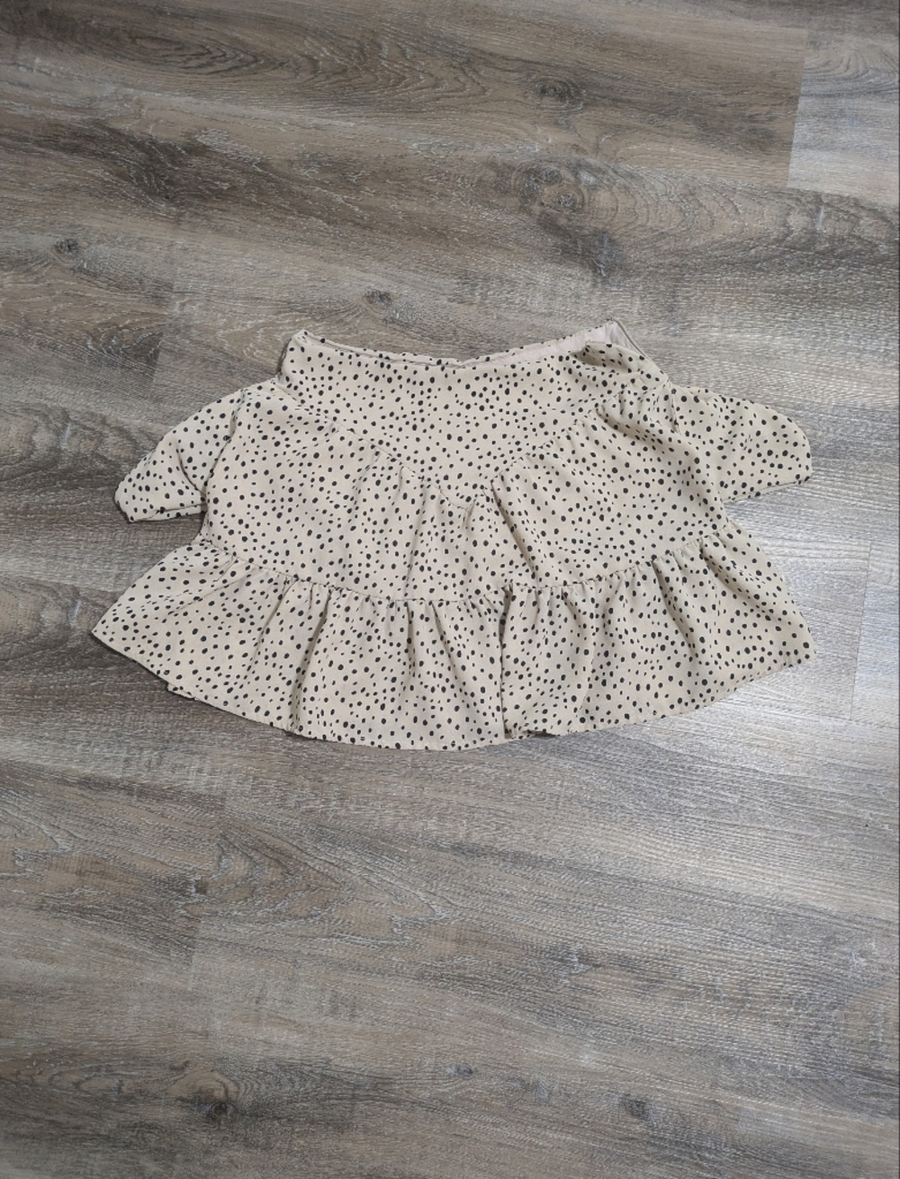 Main Strip Beige Top with Black Polka Trim - Medium